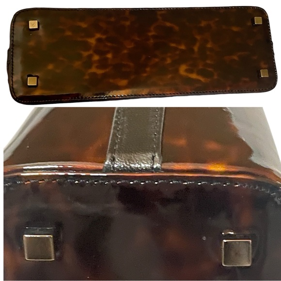 Vintage Stuart Weitzman Tortoise Print Brown Structured Tote Black Beaded Handle - Picture 6 of 16